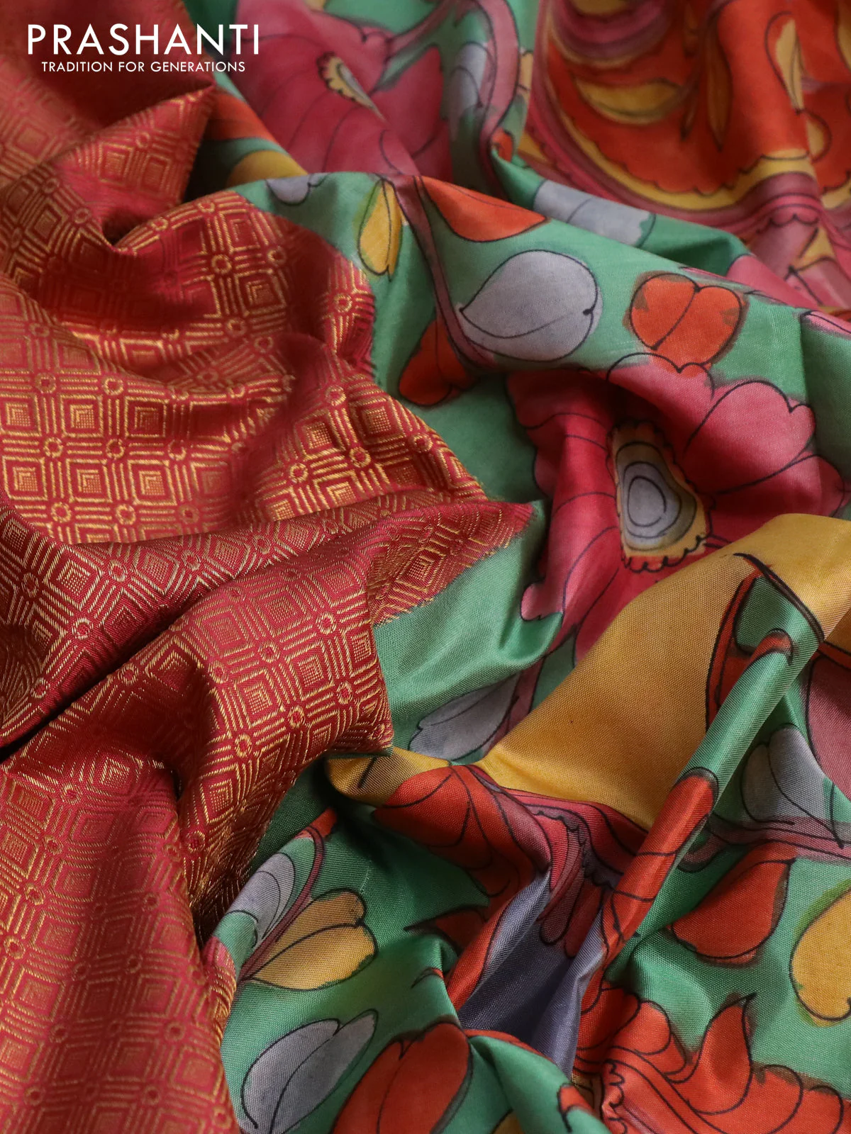 Pure kanchipuram silk saree dark peach shade and teal green shade with allover zari woven geometric brocade weaves and kalamkari printed pallu & border - Image 3