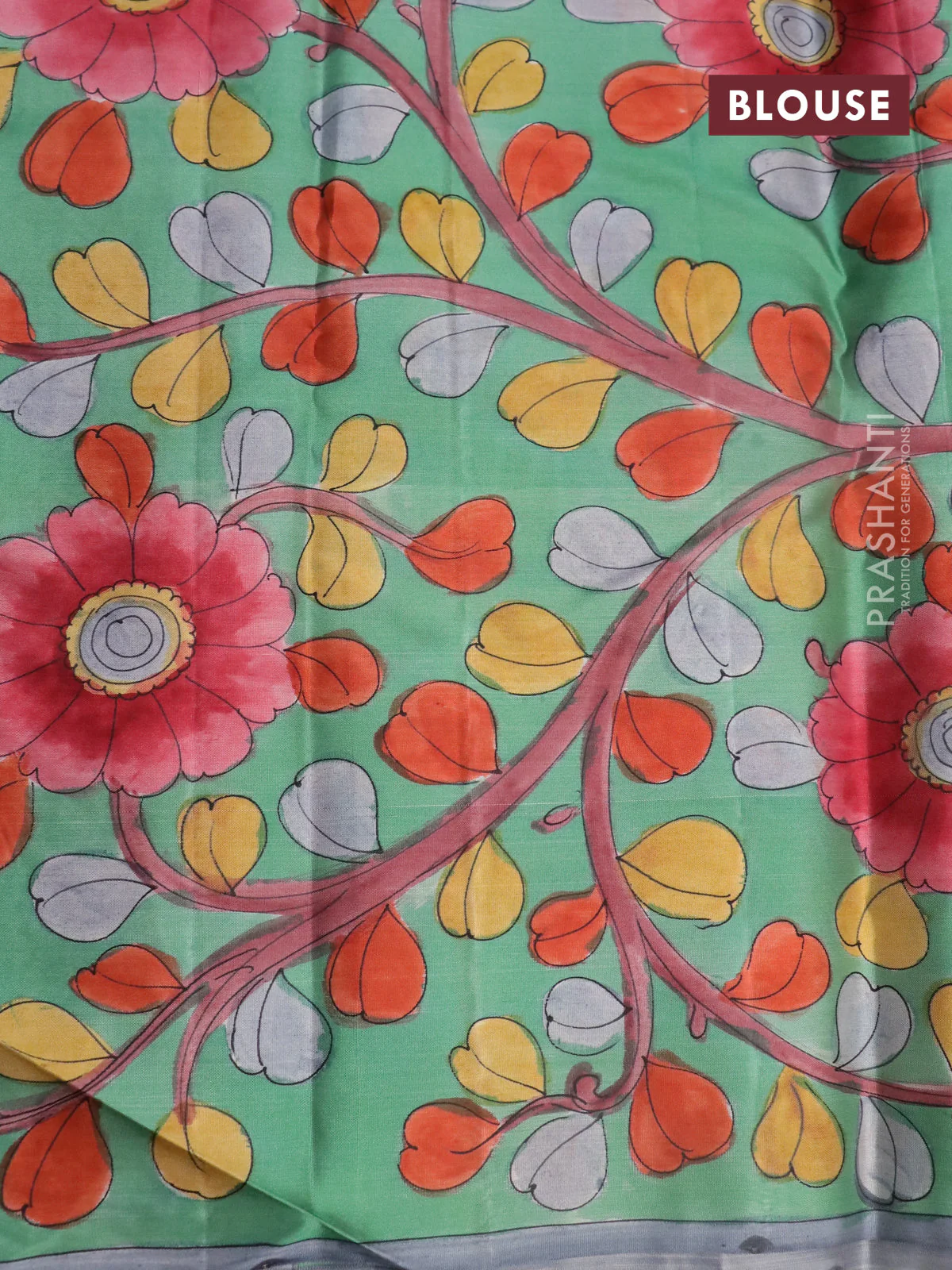 Pure kanchipuram silk saree dark peach shade and teal green shade with allover zari woven geometric brocade weaves and kalamkari printed pallu & border - Image 4