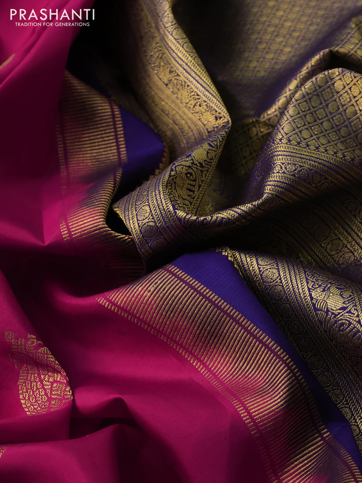 Pure kanchipuram silk saree dark pink and blue with peacock zari woven buttas and rettapet zari woven border - Image 3