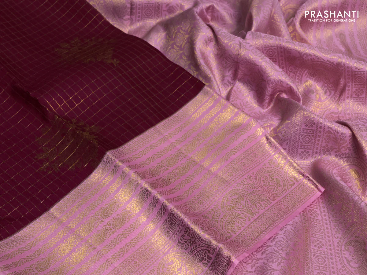 Pure kanchipuram silk saree dark pink and light pink with allover zari checks & buttas and long rich zari woven border - Image 3