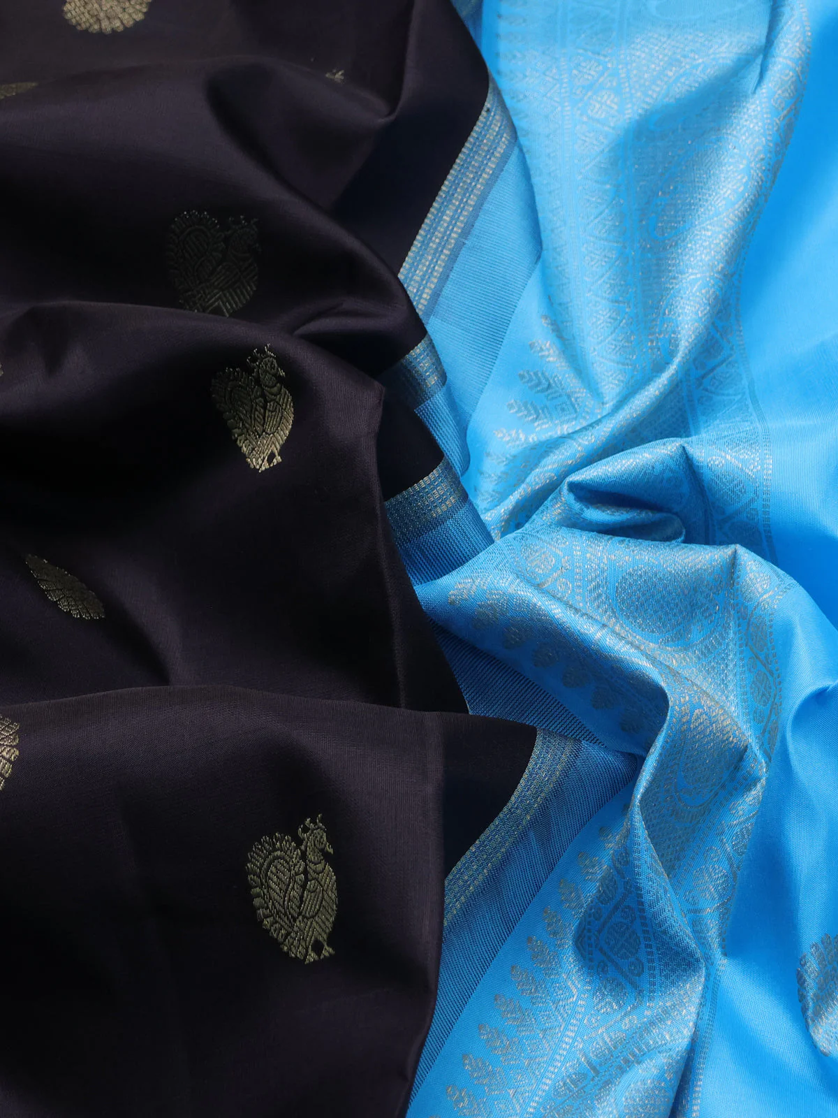Pure kanchipuram silk saree deep coffee brown and light blue with annam & rudhraksha zari woven buttas in borderless style - Image 3