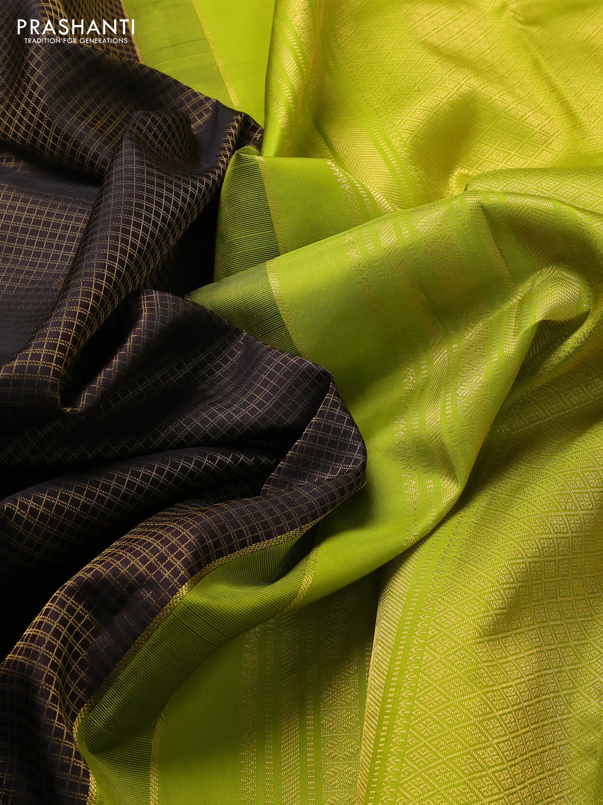 Pure kanchipuram silk saree deep coffee brown and lime green with allover small zari checks & buttas and zari woven korvai border - Image 3