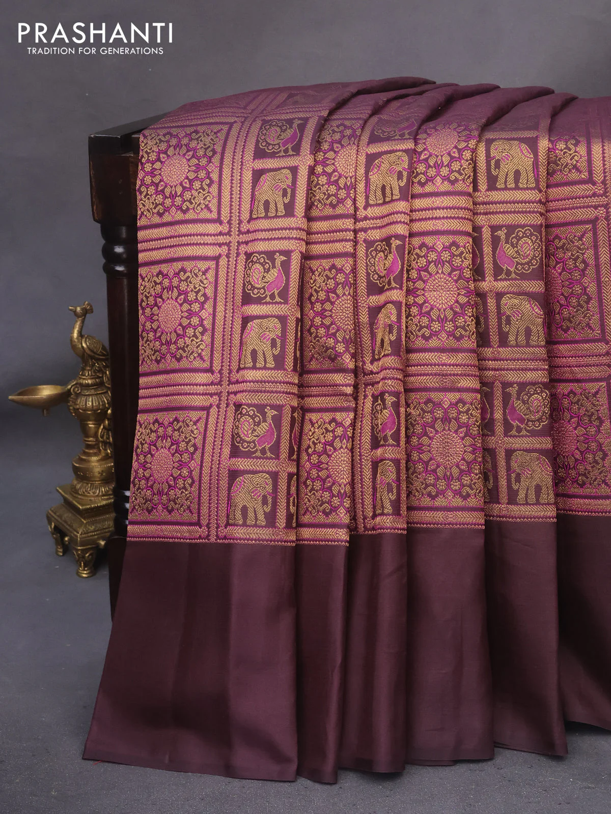 Pure kanchipuram silk saree deep coffee brown and purple shade with allover zari woven brocade weaves and simple border - Image 7