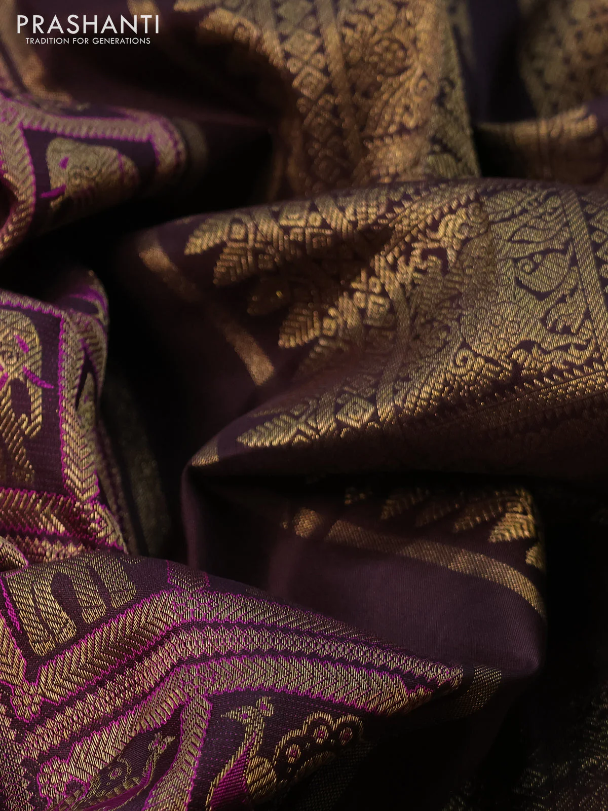 Pure kanchipuram silk saree deep coffee brown and purple shade with allover zari woven brocade weaves and simple border - Image 9
