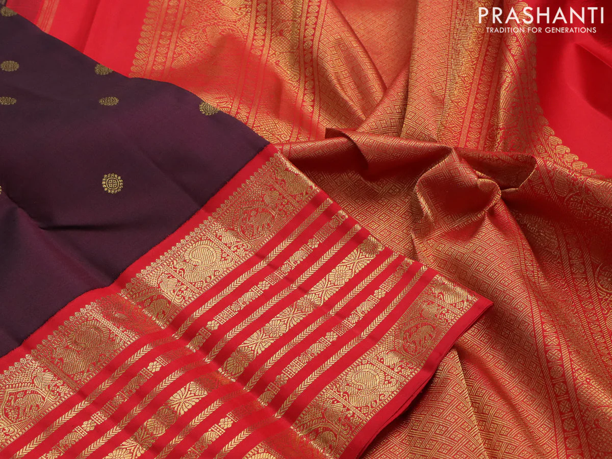 Pure kanchipuram silk saree deep jamun and red with zari woven buttas and zari woven korvai border - Image 3