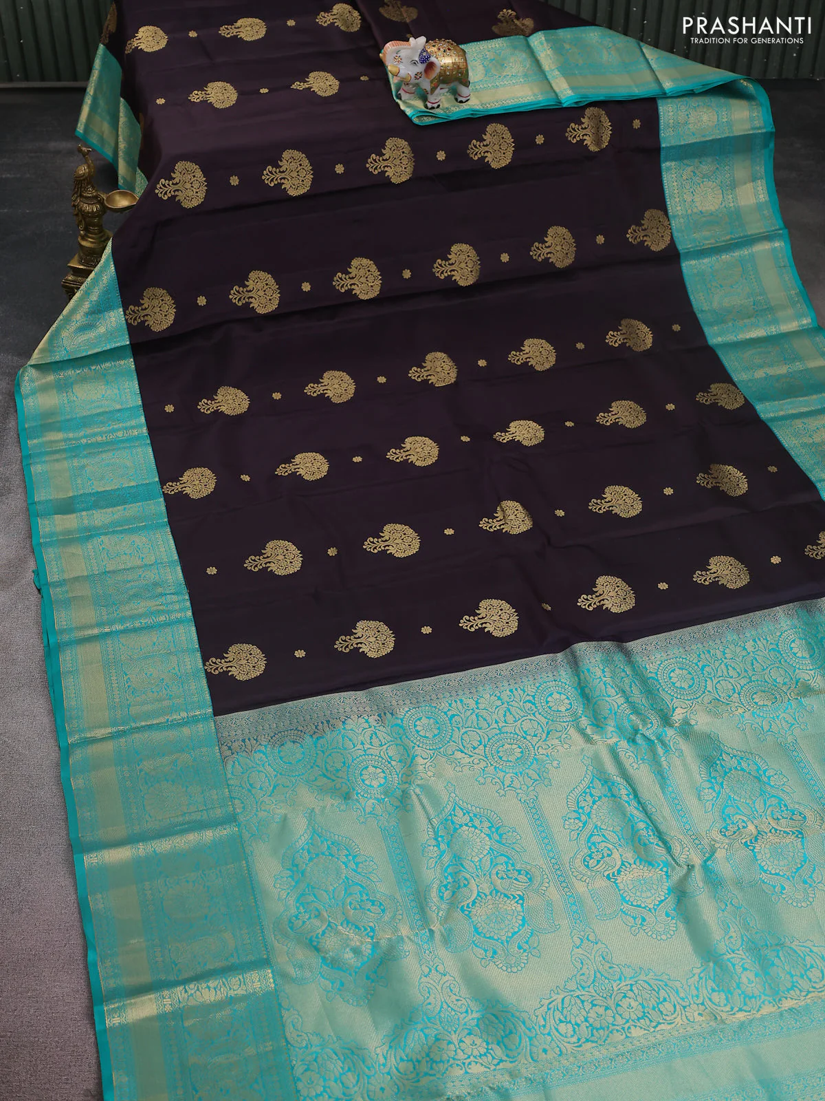 Pure kanchipuram silk saree deep jamun and teal green with zari woven buttas and long annam zari woven korvai border - Image 2
