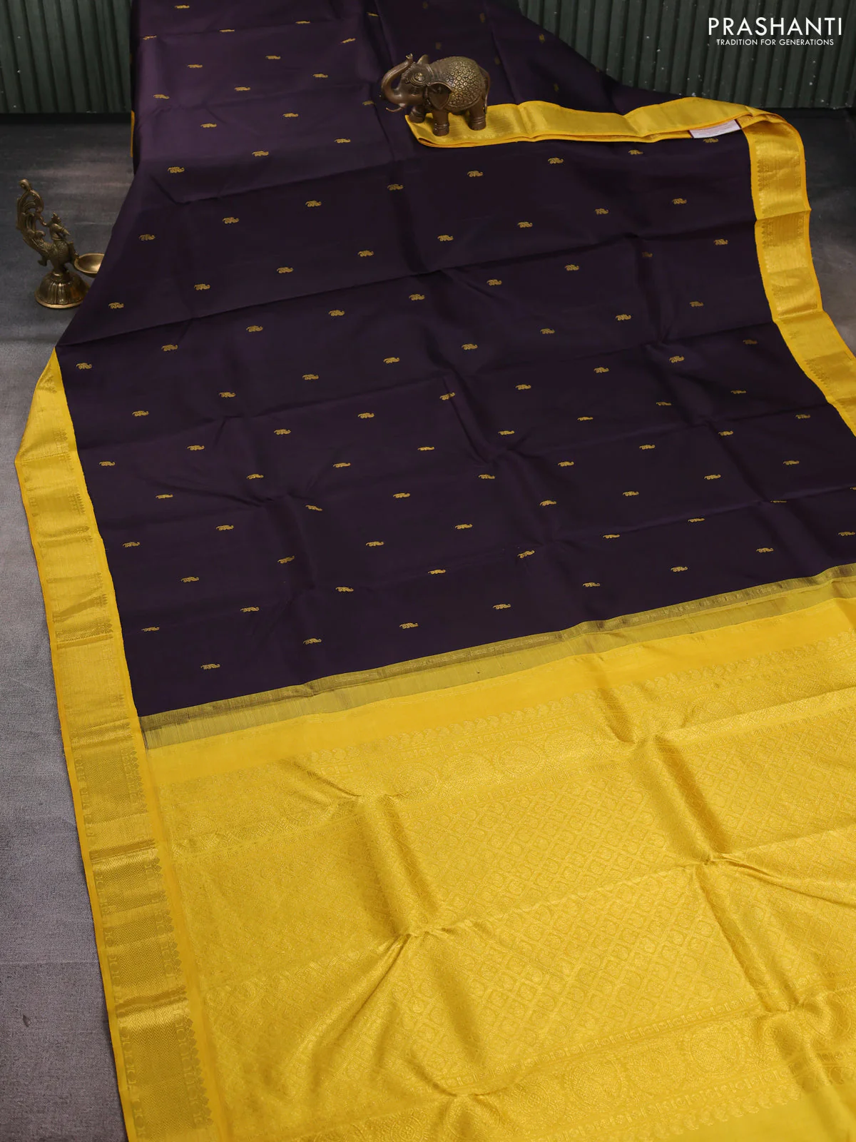 Pure kanchipuram silk saree deep jamun shade and yellow with zari woven buttas and zari woven korvai border - Image 2