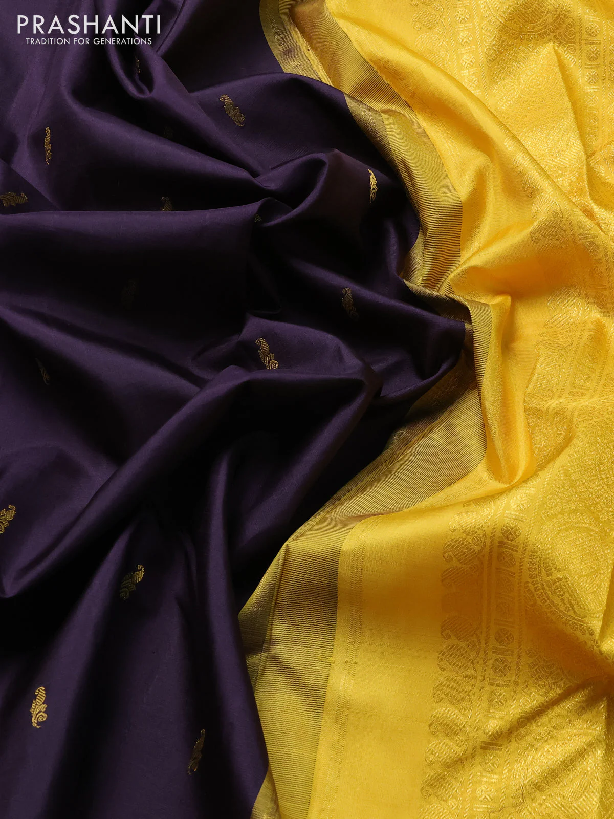 Pure kanchipuram silk saree deep jamun shade and yellow with zari woven buttas and zari woven korvai border - Image 3