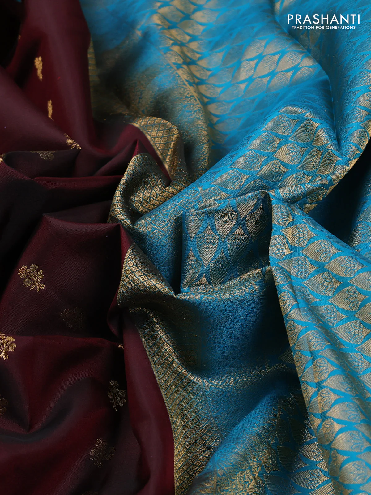 Pure kanchipuram silk saree deep maroon and blue with allover zari woven buttas and rettapet zari woven korvai border - Image 3