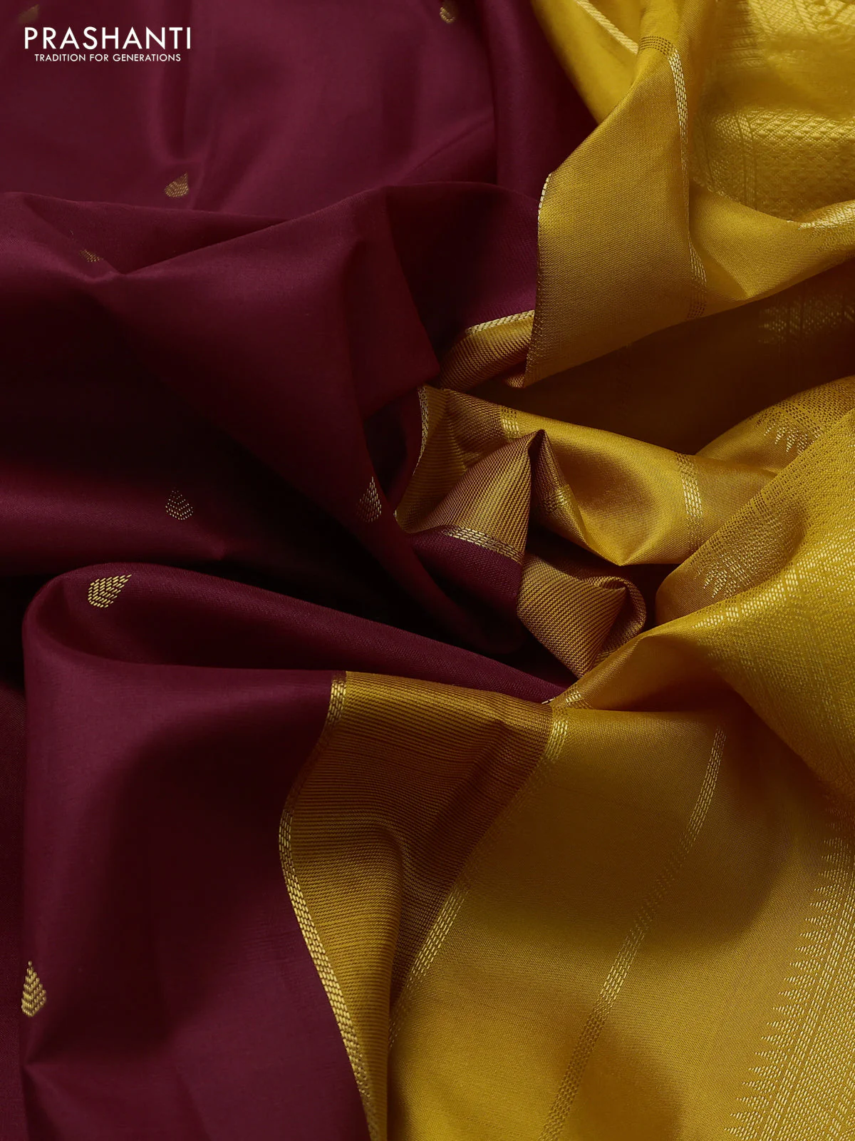 Pure kanchipuram silk saree deep maroon and mustard yellow with zari woven buttas and zari woven korvai border - Image 3