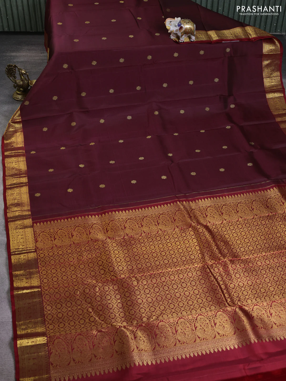 Pure kanchipuram silk saree deep maroon and red with zari woven buttas and rich zari woven border - Image 2