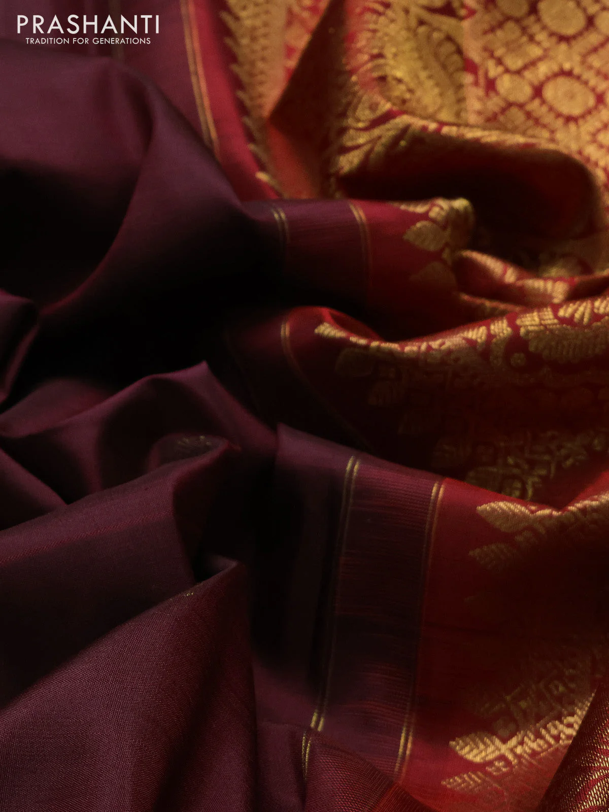 Pure kanchipuram silk saree deep maroon and red with zari woven buttas and rich zari woven border - Image 3