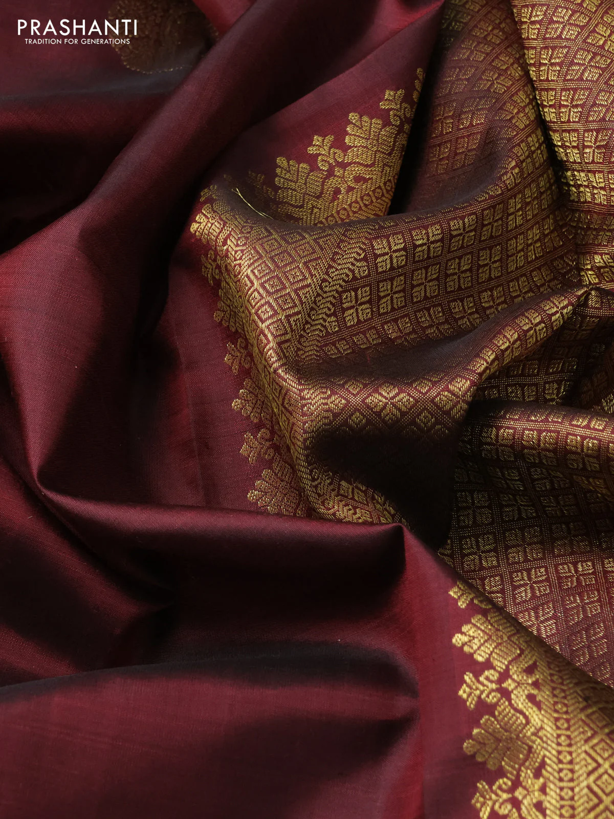 Pure kanchipuram silk saree deep maroon with zari woven buttas and zari woven border - Image 3