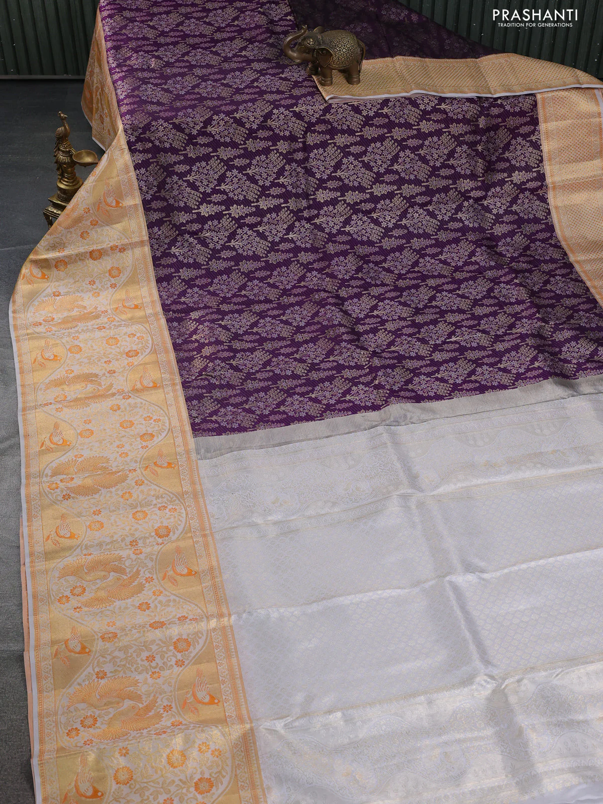 Pure kanchipuram silk saree deep purple and grey with allover silver & gold zari woven brocade weaves and long rich zari woven border - Image 2
