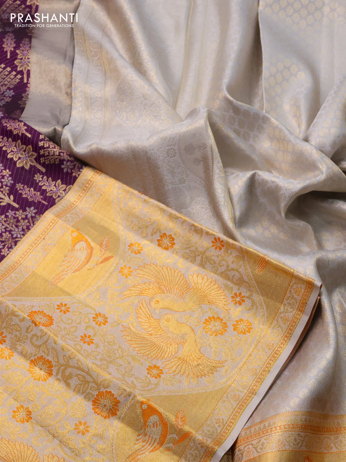 Pure kanchipuram silk saree deep purple and grey with allover silver & gold zari woven brocade weaves and long rich zari woven border - Image 3