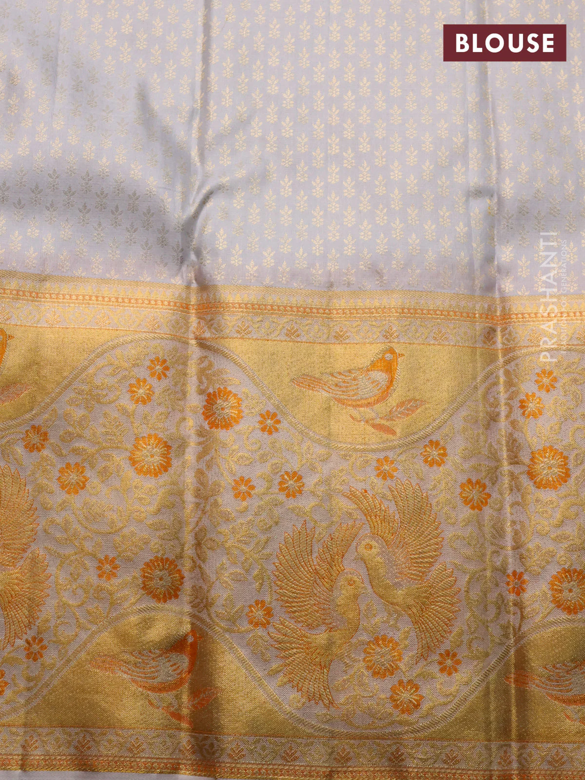 Pure kanchipuram silk saree deep purple and grey with allover silver & gold zari woven brocade weaves and long rich zari woven border - Image 4