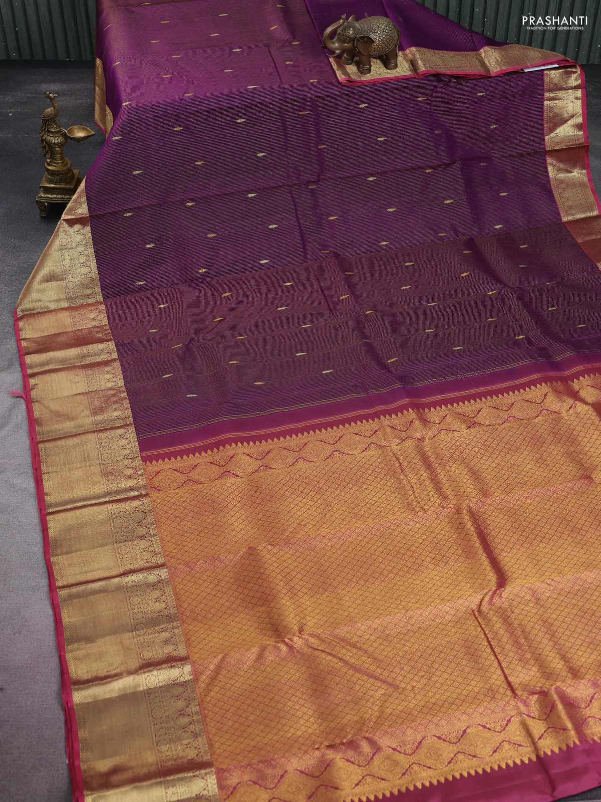 Pure kanchipuram silk saree deep purple and maroon with allover zari woven stripes pattern and zari woven border - Image 2
