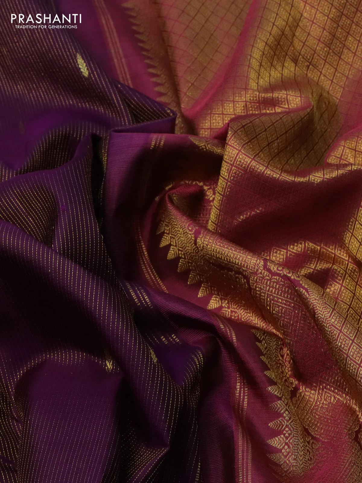 Pure kanchipuram silk saree deep purple and maroon with allover zari woven stripes pattern and zari woven border - Image 3