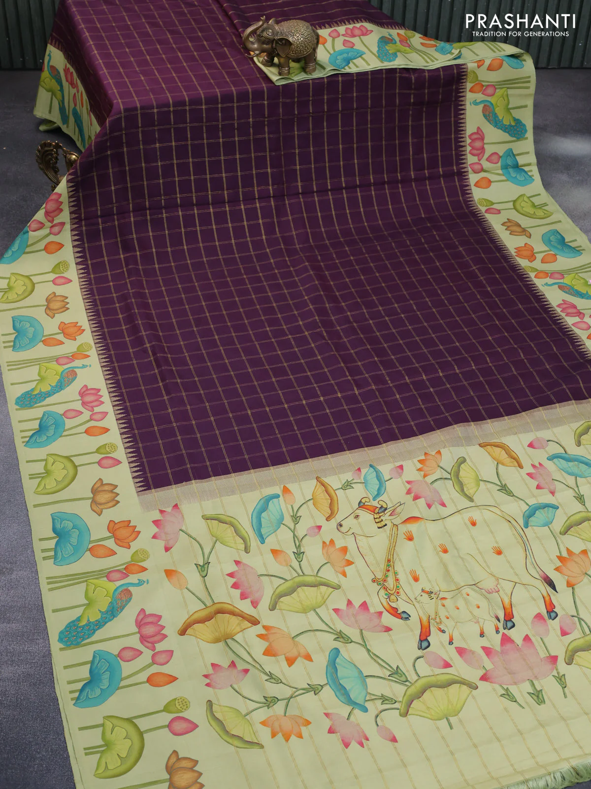 Pure kanchipuram silk saree deep purple and pista green with allover zari checked pattern and pichwai digital printed border - Image 2