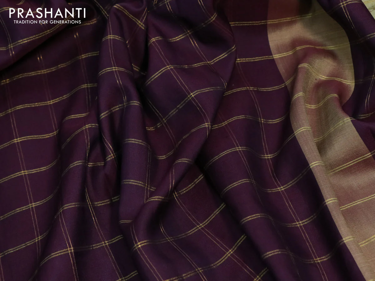 Pure kanchipuram silk saree deep purple and pista green with allover zari checked pattern and pichwai digital printed border - Image 3