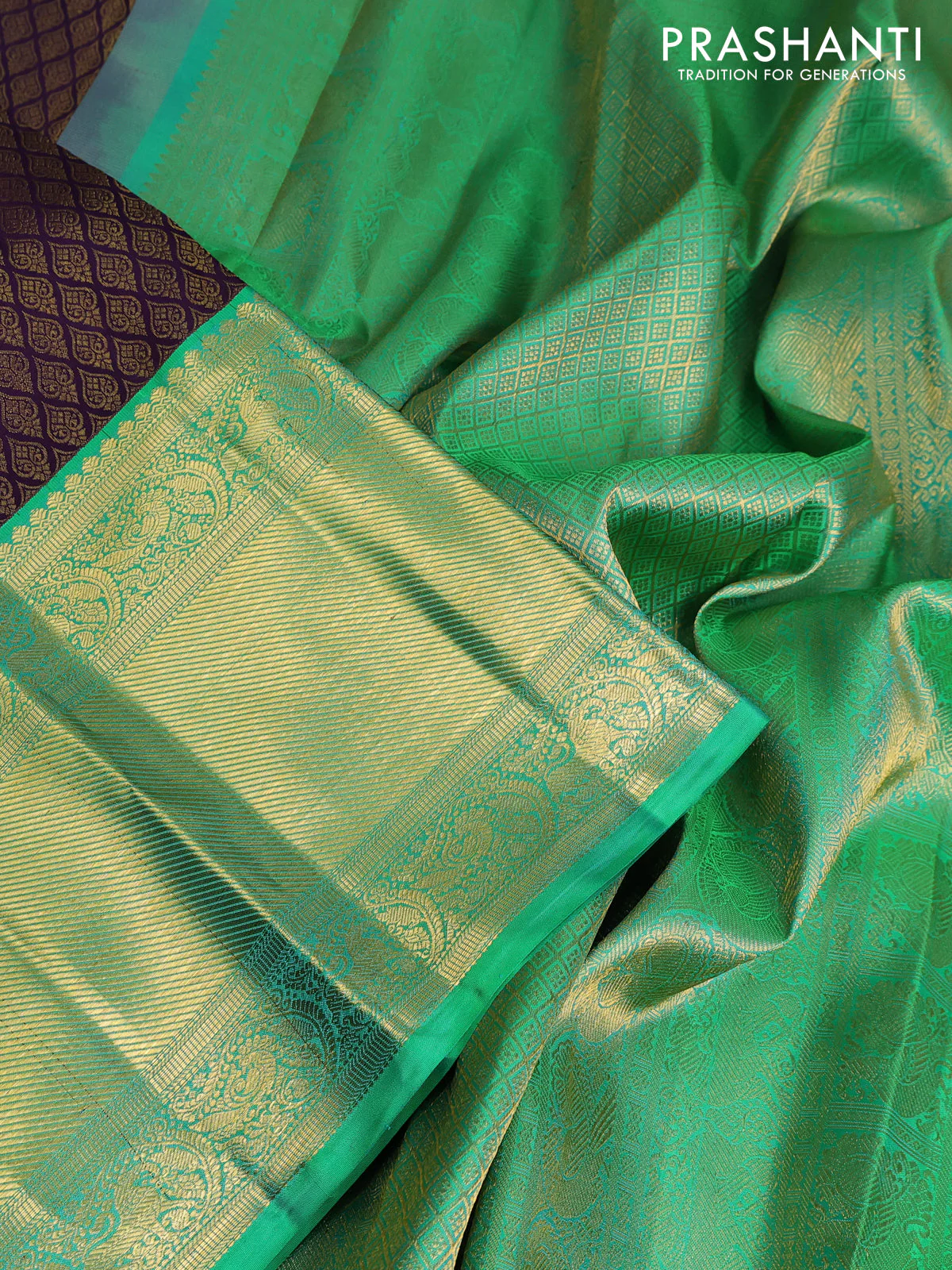 Pure kanchipuram silk saree deep purple and teal green with allover zari woven brocade weaves and long zari woven korvai border - Image 3