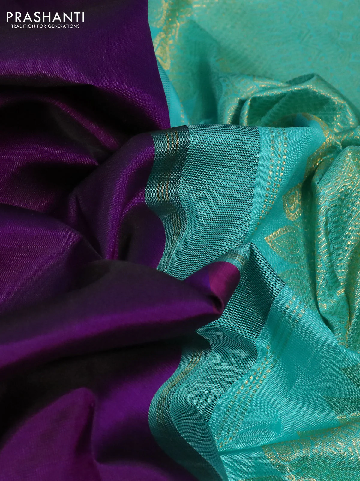 Pure kanchipuram silk saree deep purple and teal shade with plain body and zari woven korvai border - Image 3