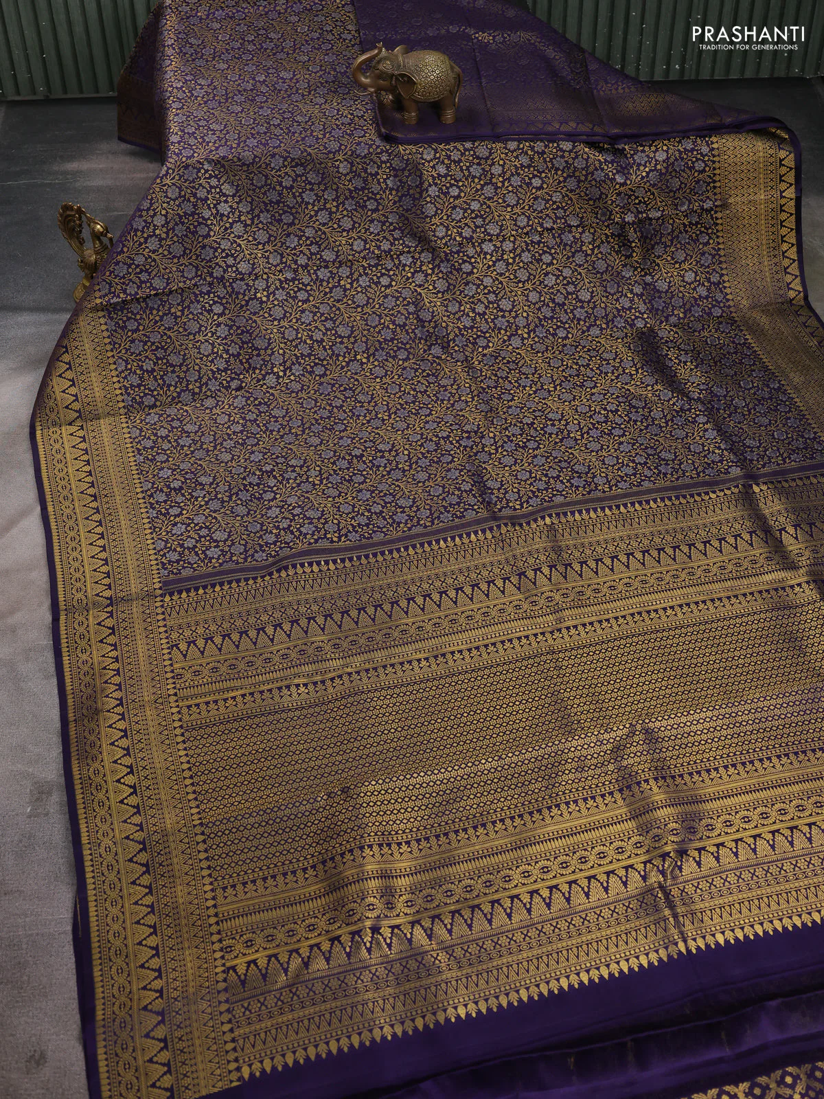 Pure kanchipuram silk saree deep violet with allover zari woven brocade weaves and rich zari woven border - Image 2