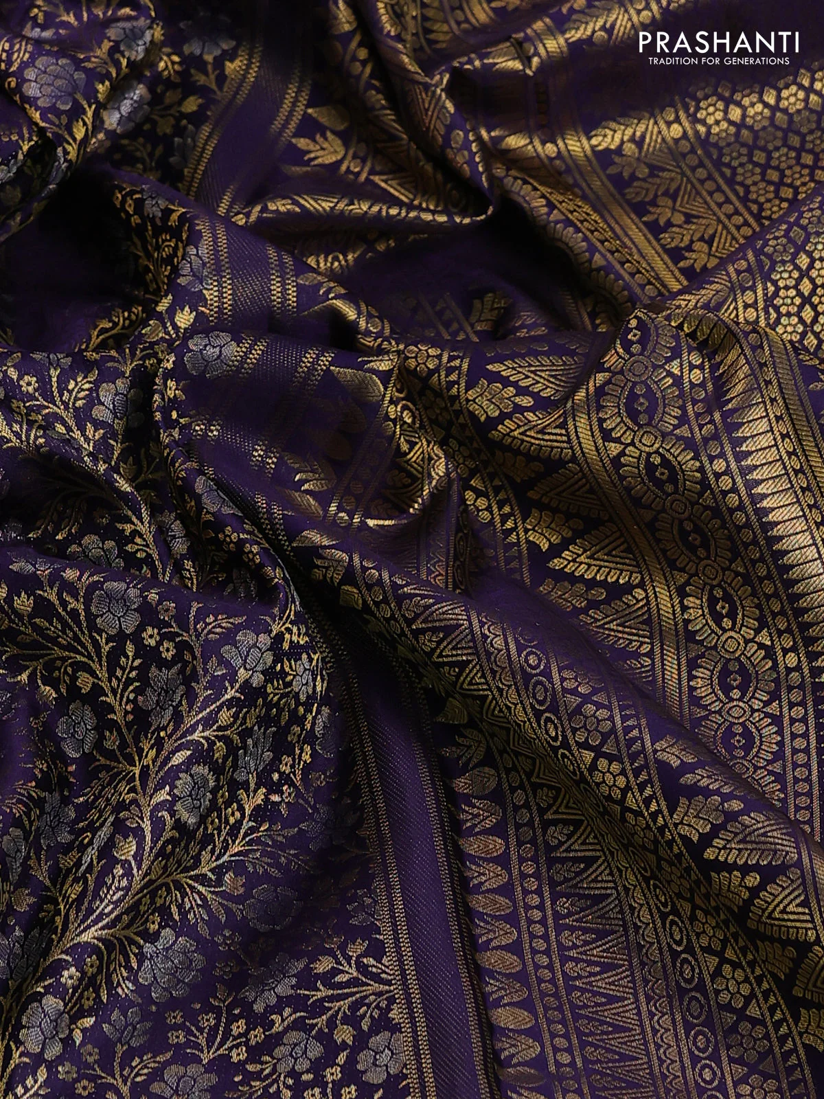 Pure kanchipuram silk saree deep violet with allover zari woven brocade weaves and rich zari woven border - Image 3