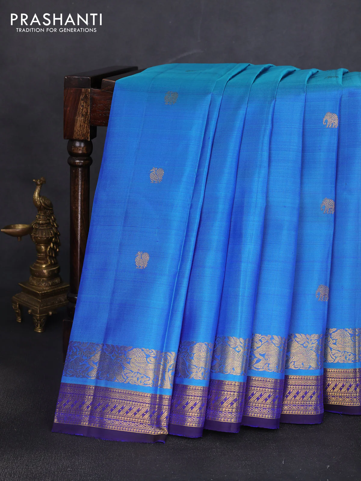 Pure kanchipuram silk saree dual shade of blue and dark blue with zari woven buttas and rich zari woven border