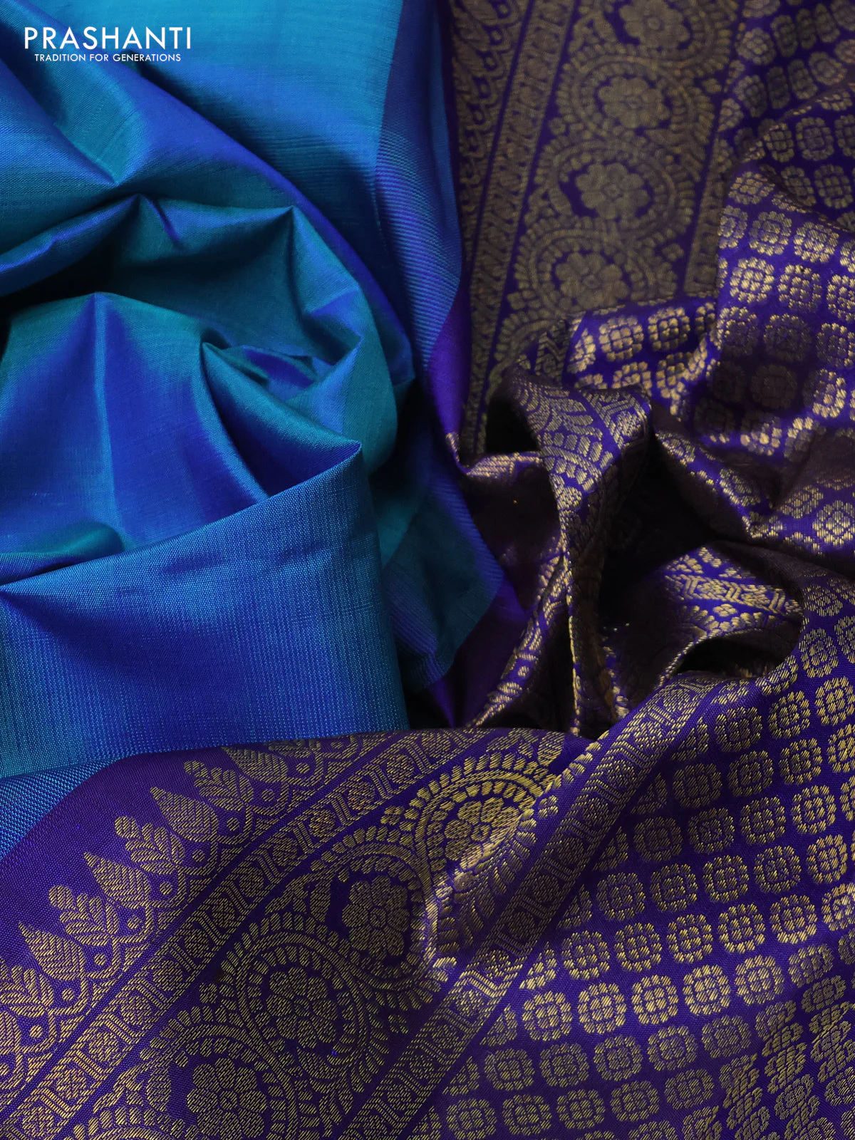 Pure kanchipuram silk saree dual shade of blue and dark blue with zari woven buttas and rich zari woven border - Image 3