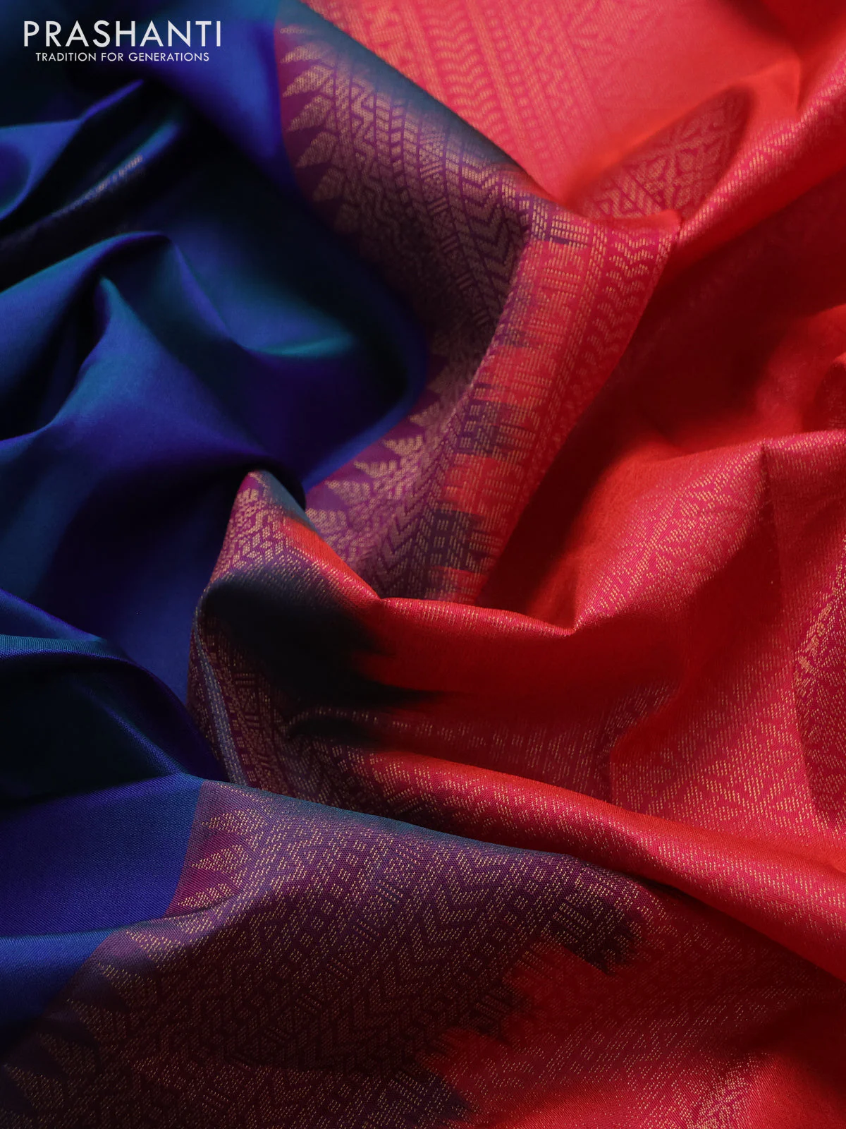 Pure kanchipuram silk saree dual shade of blue and dual shade of pinkish orange with zari woven buttas and zari woven border - Image 3