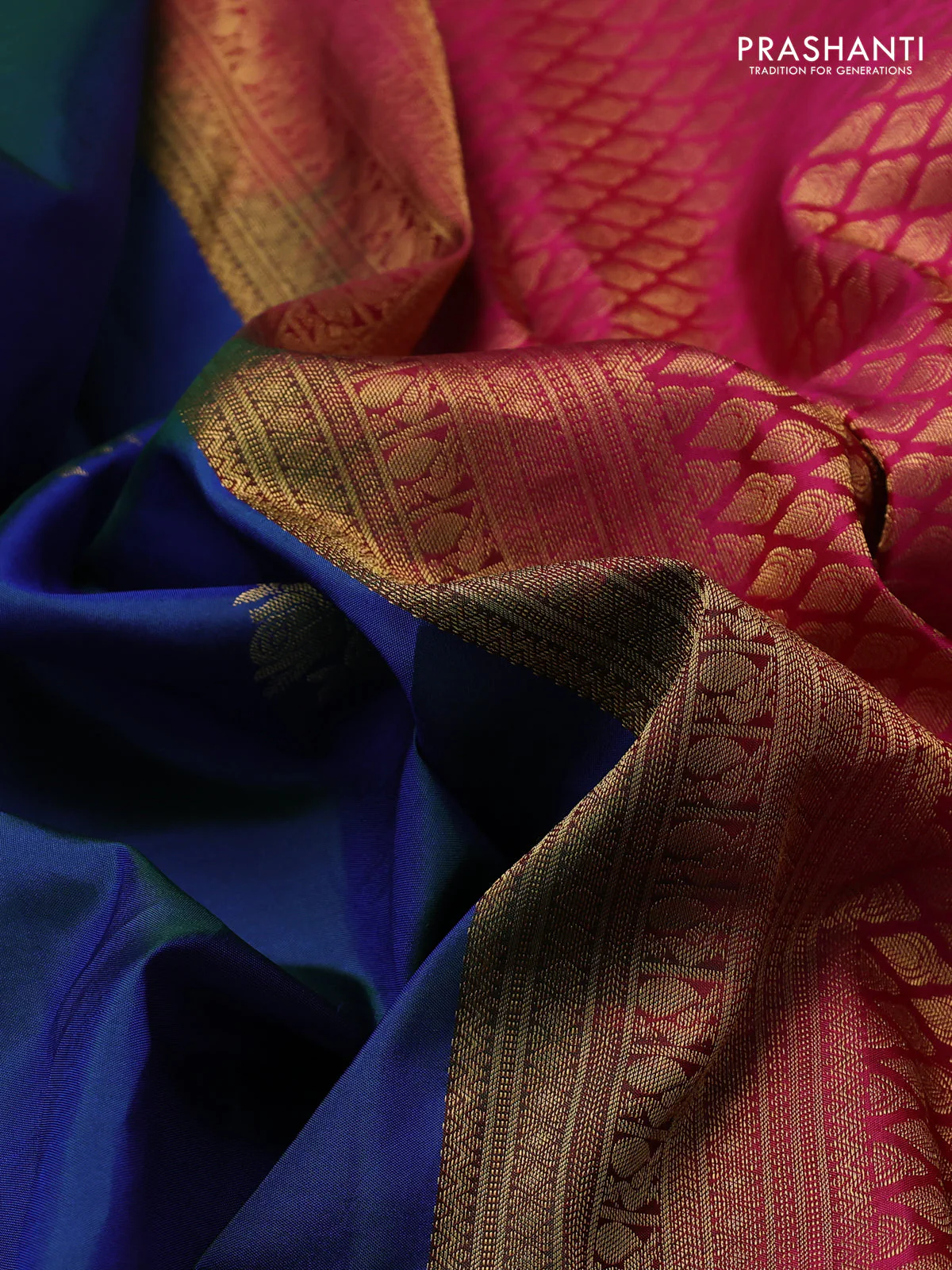 Pure kanchipuram silk saree dual shade of blue and pink with zari woven buttas and rettapet zari woven border - Image 3