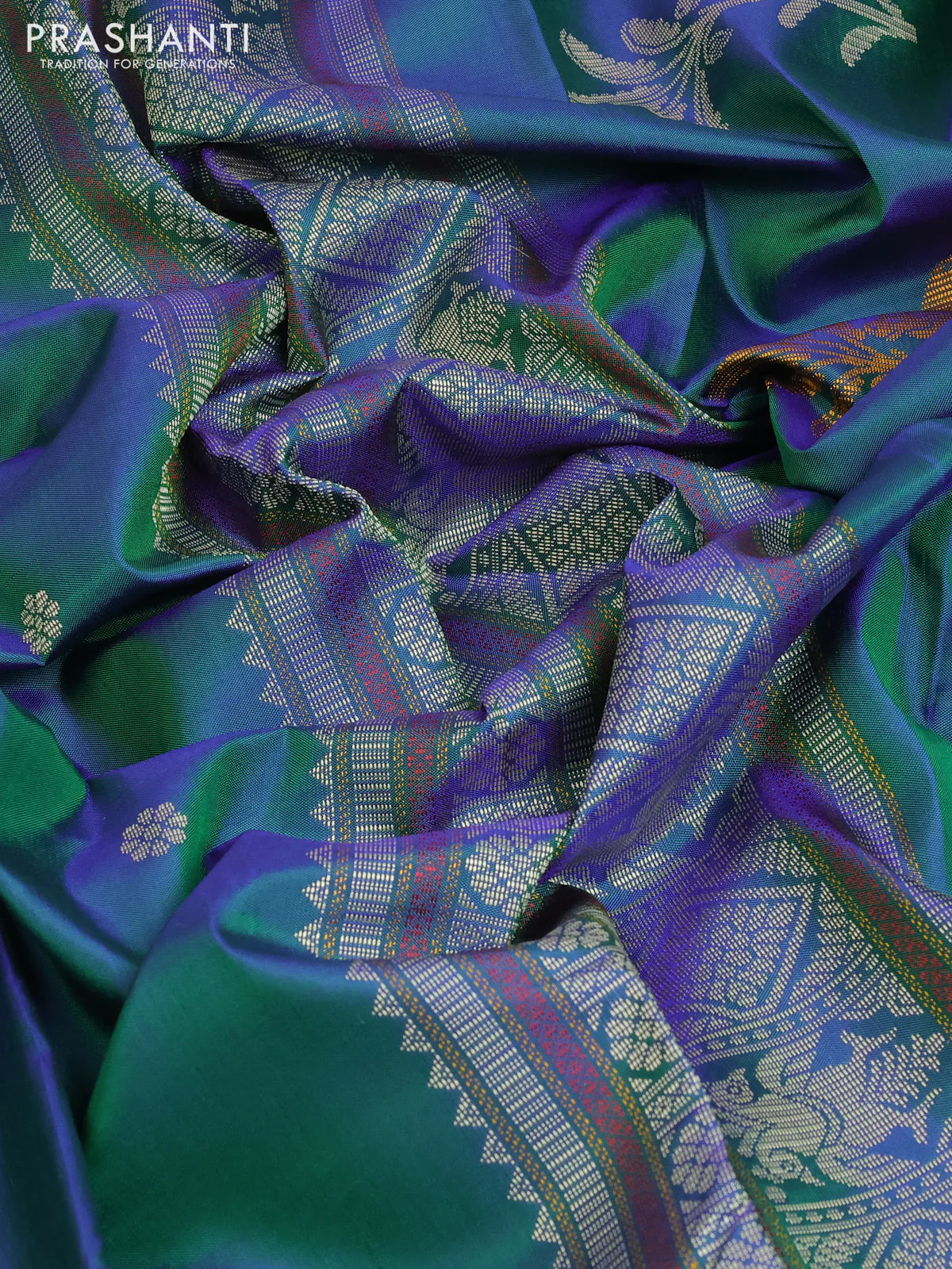 Pure kanchipuram silk saree dual shade of bluish green and dual shade of maroon with thread woven buttas and thread woven border - Image 3