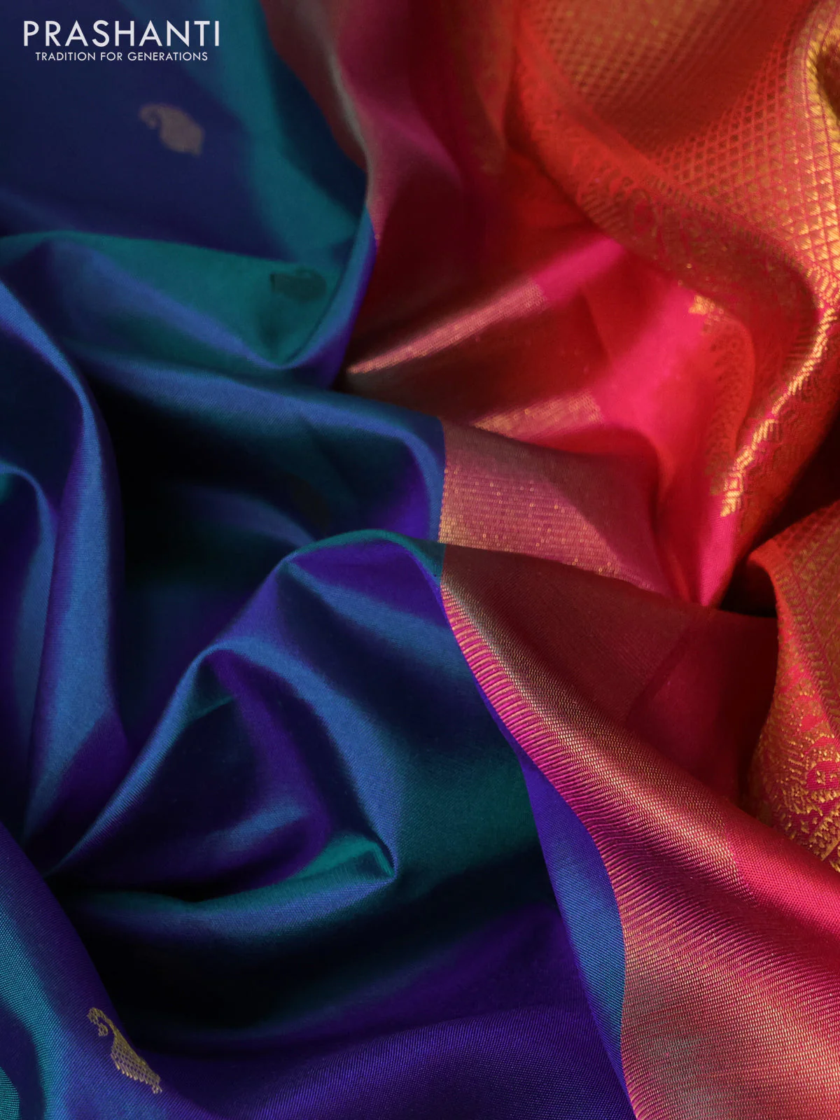 Pure kanchipuram silk saree dual shade of bluish green and dual shade of pinkish orange with paisley zari woven buttas and rich zari woven border - Image 3