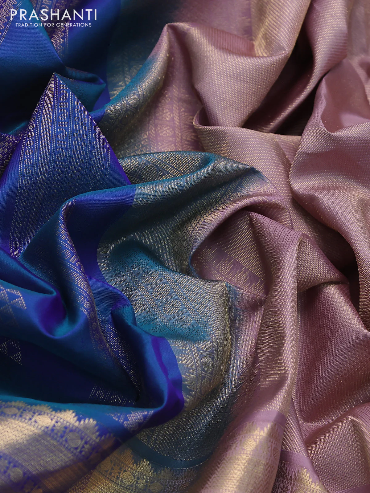Pure kanchipuram silk saree dual shade of bluish green and pastel pink with allover zari weaves and long rich zari woven border - Image 3