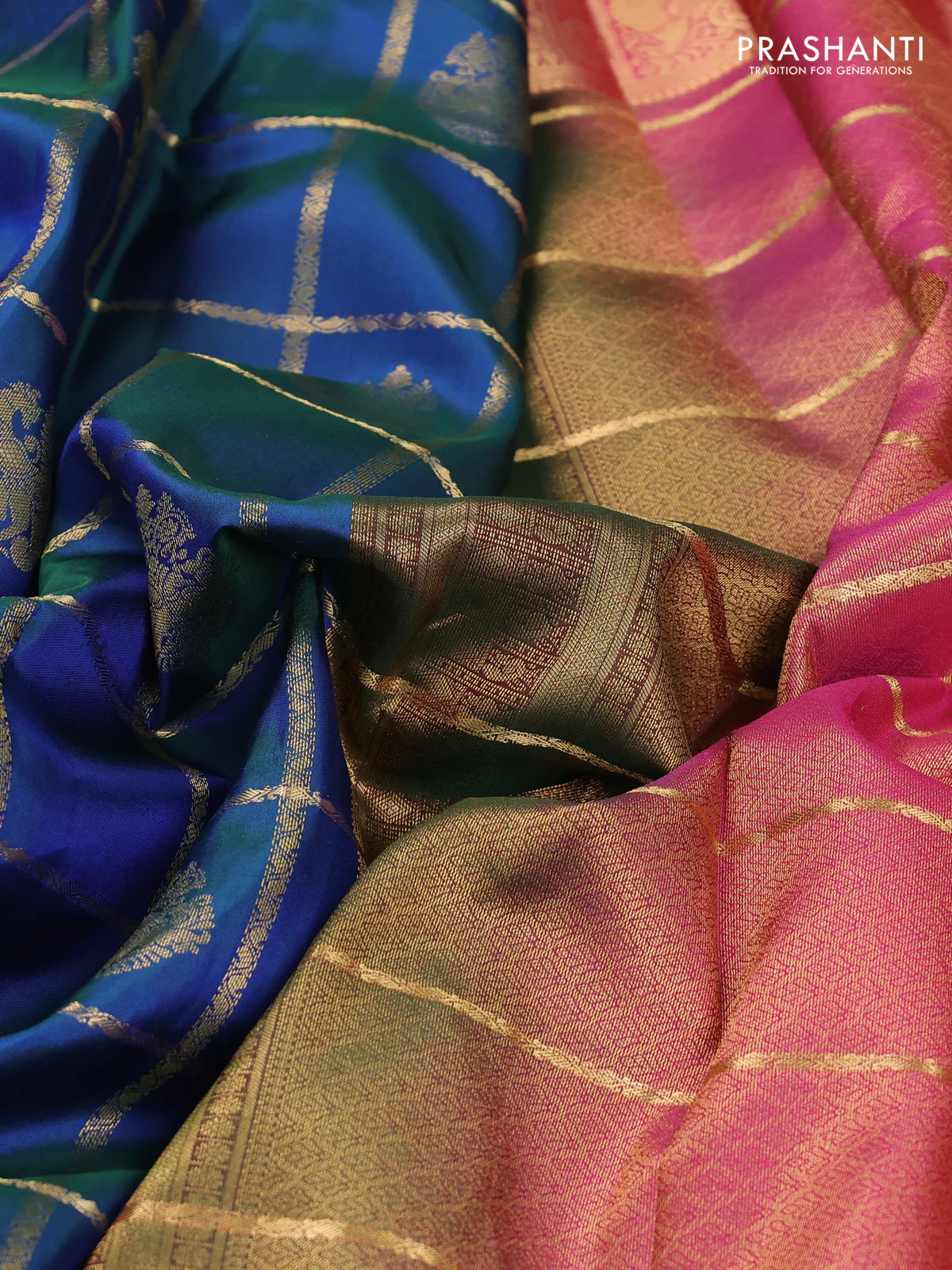 Pure kanchipuram silk saree dual shade of bluish green and pink with allover zari checks & buttas and rettapet zari woven border - Image 3
