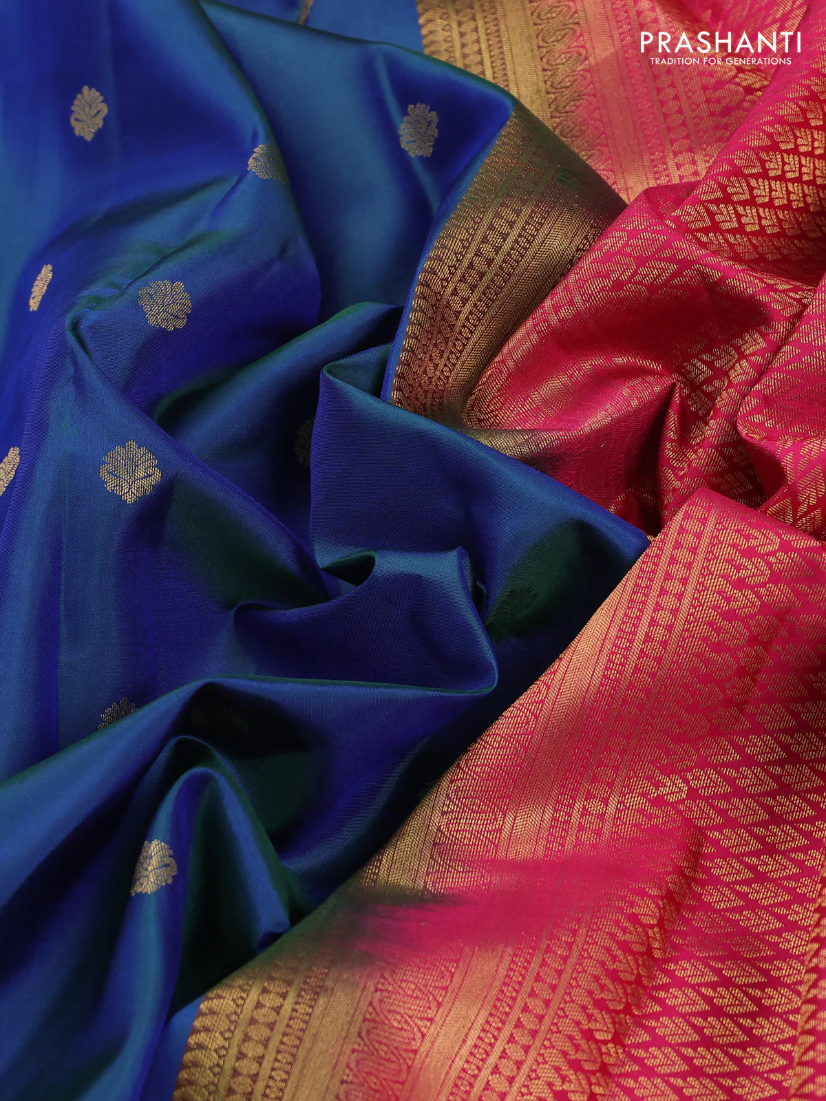 Pure kanchipuram silk saree dual shade of bluish green and pink with zari woven buttas and rich zari woven korvai border - Image 3