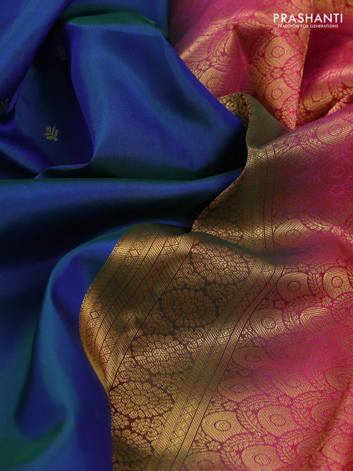 Pure kanchipuram silk saree dual shade of bluish green and pink with zari woven buttas and rich zari woven korvai border - Image 3