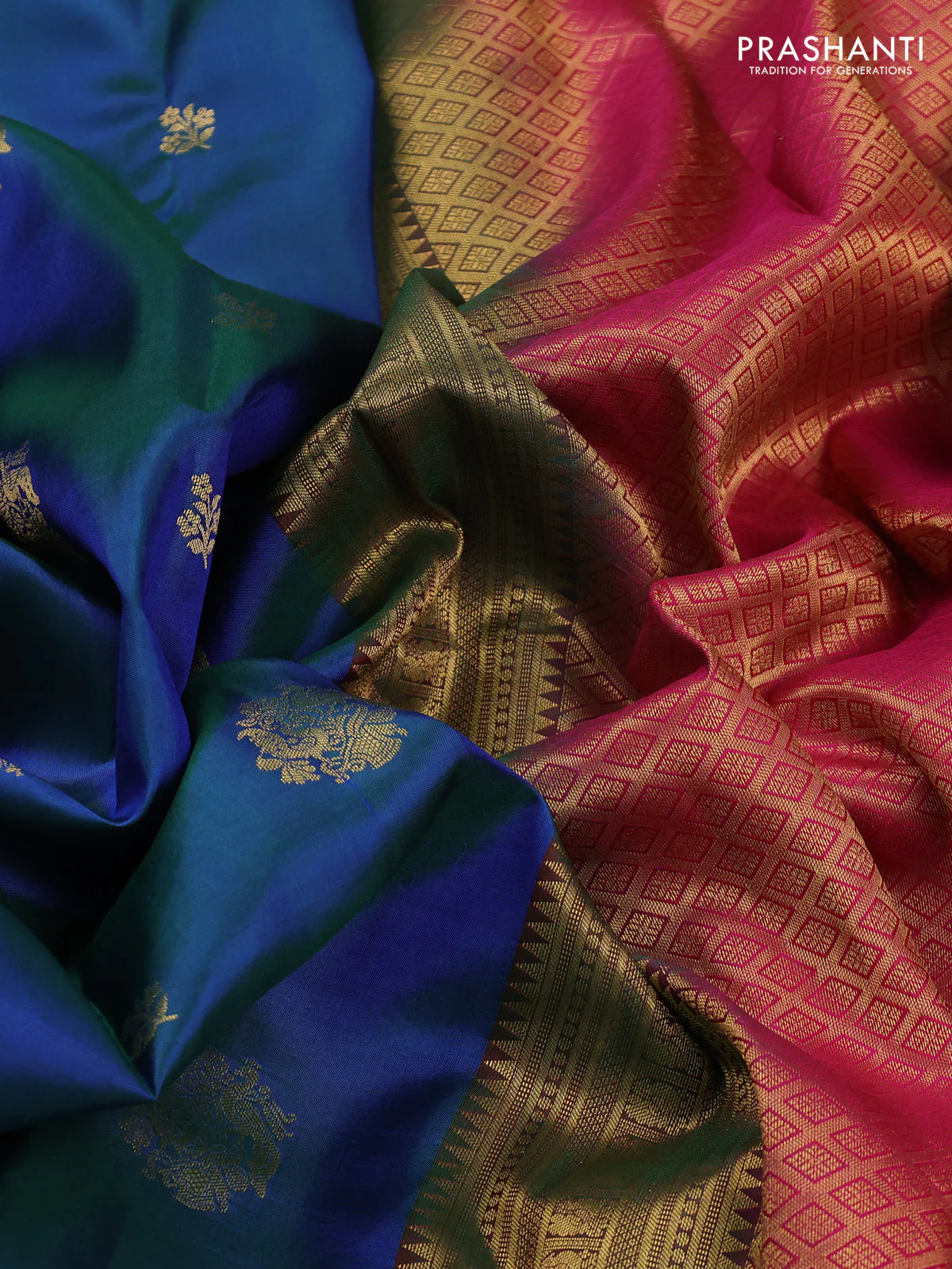 Pure kanchipuram silk saree dual shade of bluish green and pink with zari woven buttas and rich zari woven korvai border - Image 3