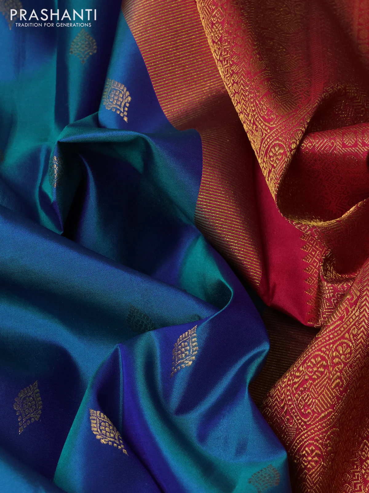 Pure kanchipuram silk saree dual shade of bluish green and pink with zari woven buttas and temple design zari woven border - Image 3