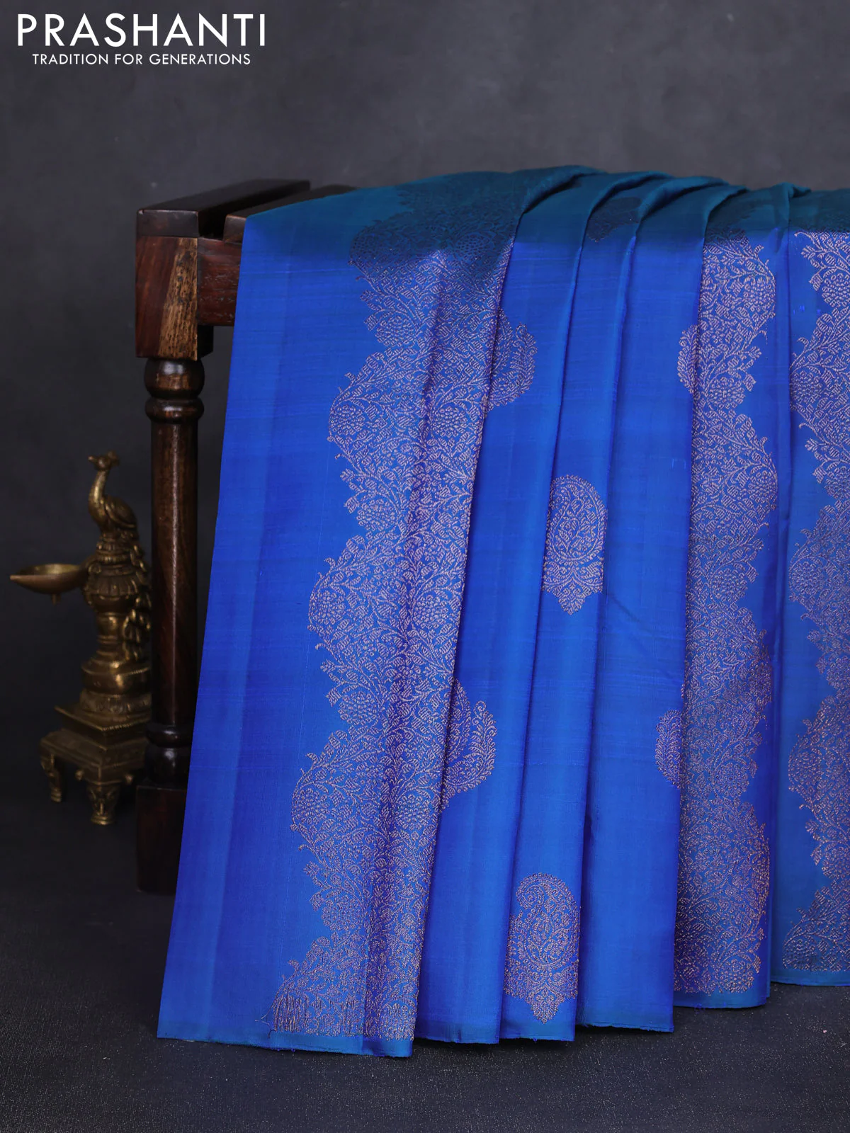 Pure kanchipuram silk saree dual shade of bluish green with allover antique zari weaves in borderless style