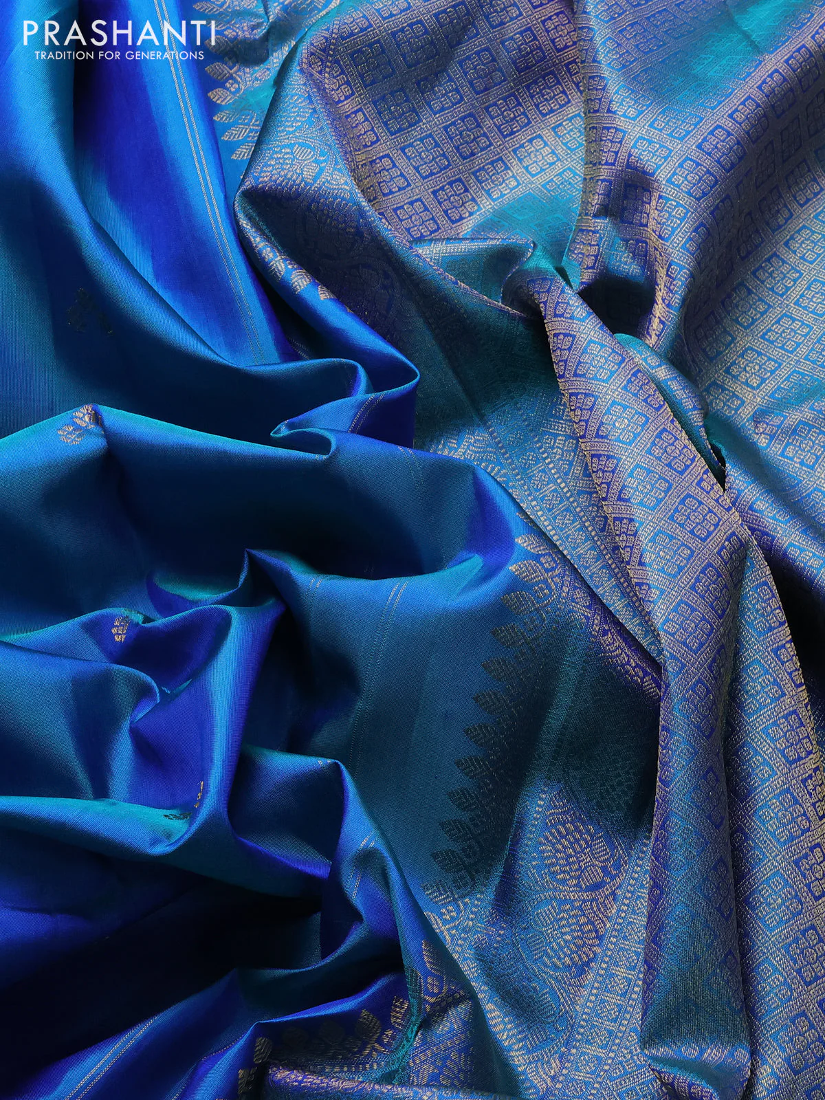 Pure kanchipuram silk saree dual shade of bluish green with zari woven buttas and zari woven border - Image 3