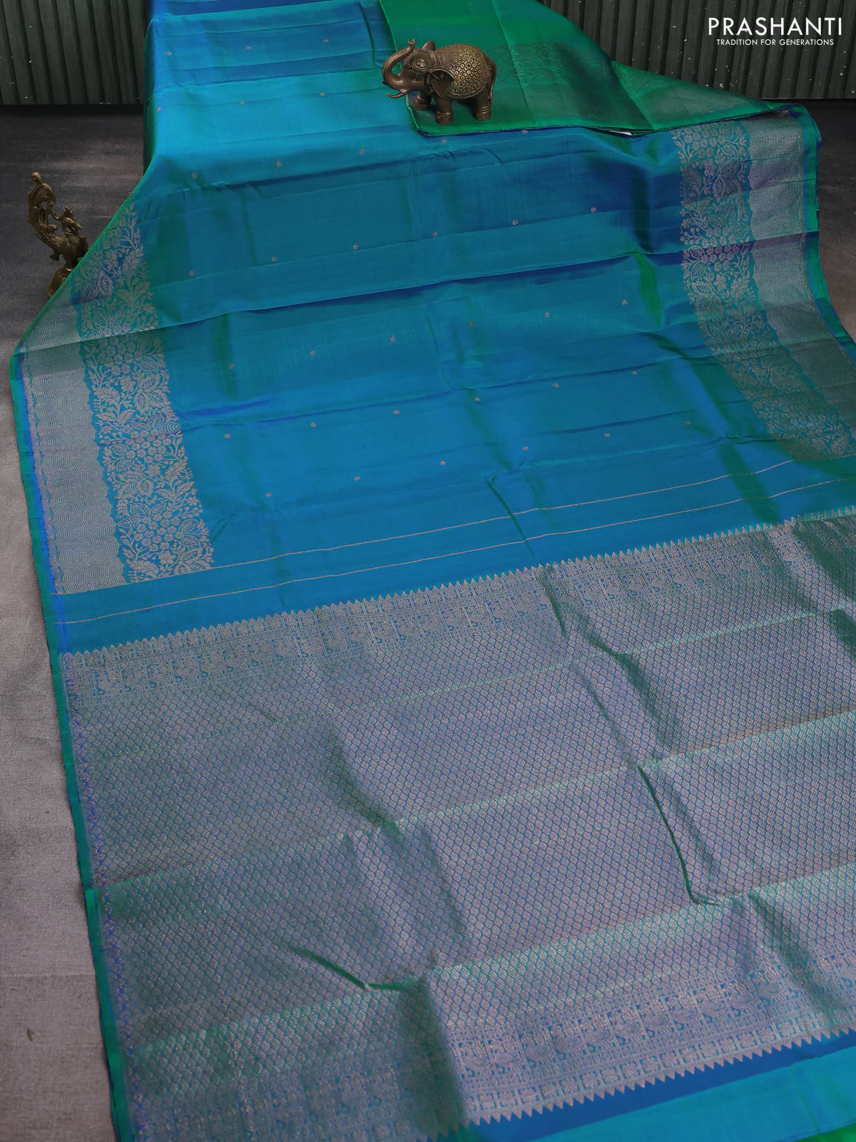 Pure kanchipuram silk saree dual shade of bluish green with zari woven buttas and zari woven border - Image 2
