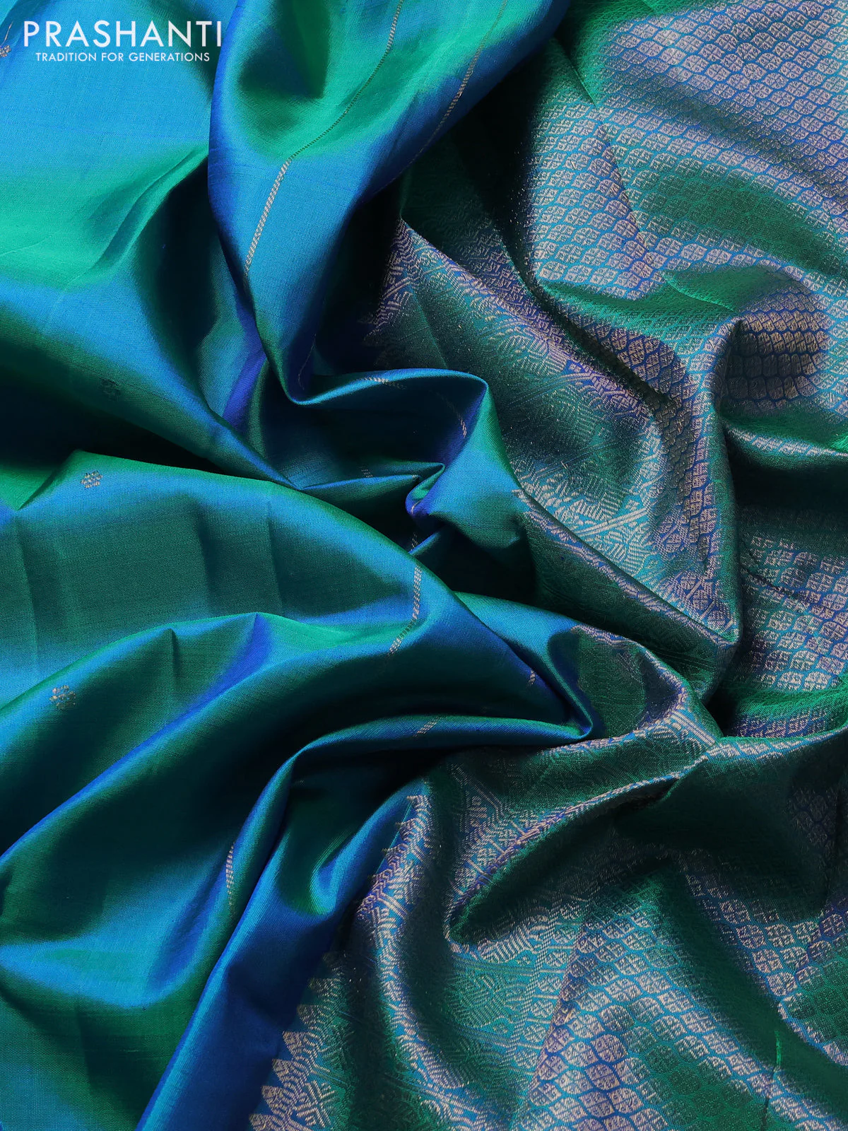 Pure kanchipuram silk saree dual shade of bluish green with zari woven buttas and zari woven border - Image 3