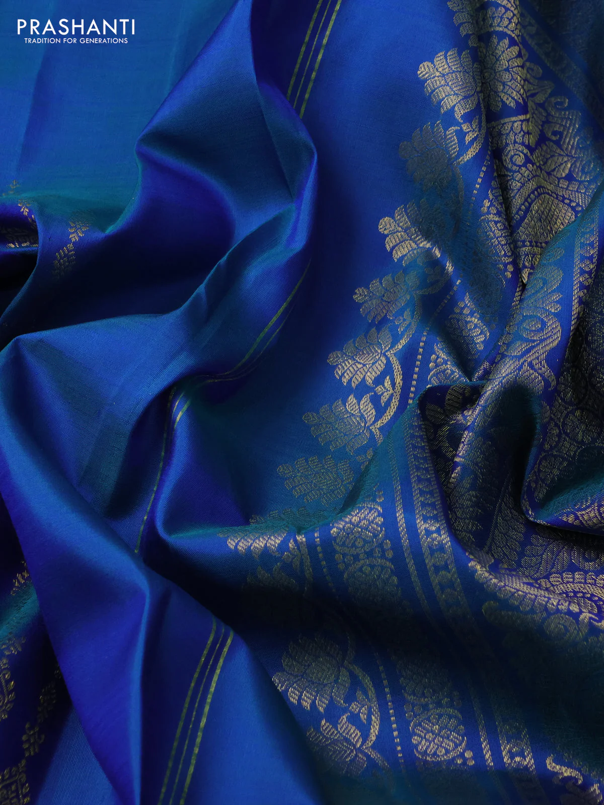 Pure kanchipuram silk saree dual shade of cs blue with zari woven buttas and long zari woven border - Image 4