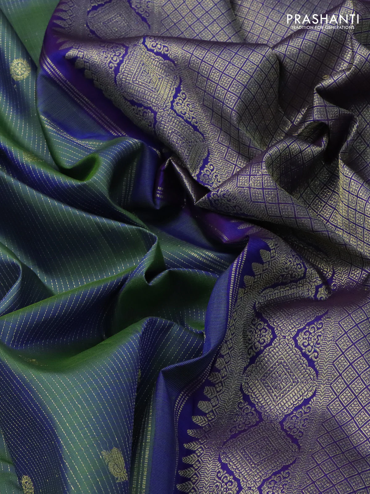 Pure kanchipuram silk saree dual shade of green and blue with allover zari weaves & buttas and zari woven border - Image 3