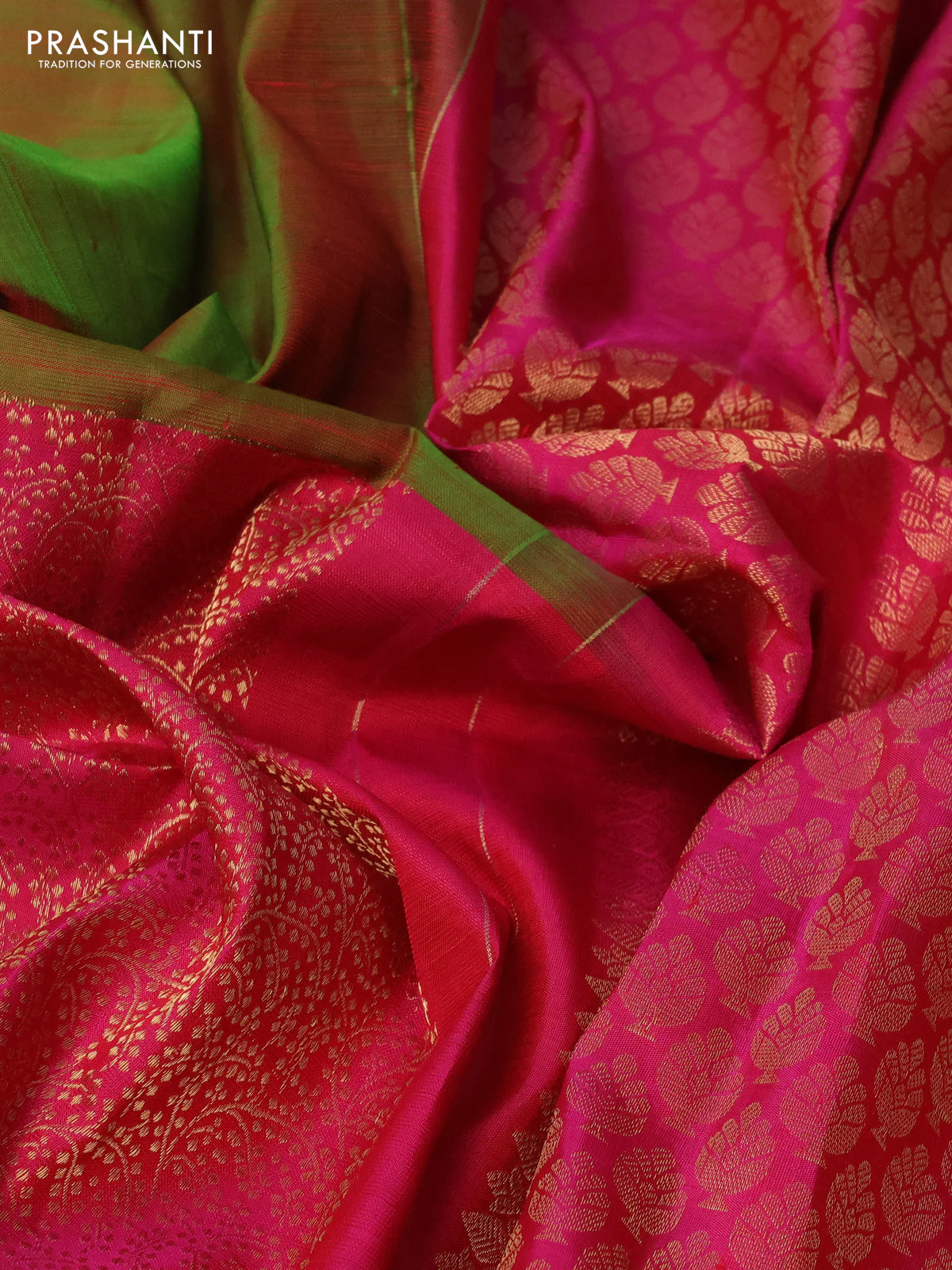 Pure kanchipuram silk saree dual shade of green and pink with half & half style and long zari woven border - Image 3
