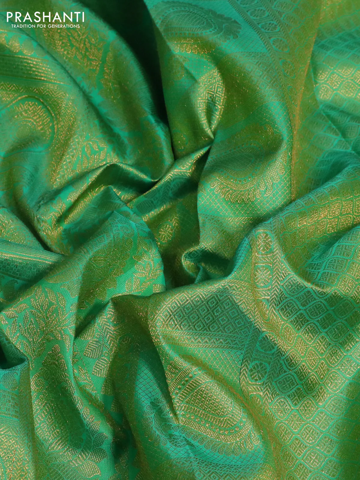 Pure kanchipuram silk saree dual shade of green with allover zari woven brocade weaves and zari woven border - Image 3
