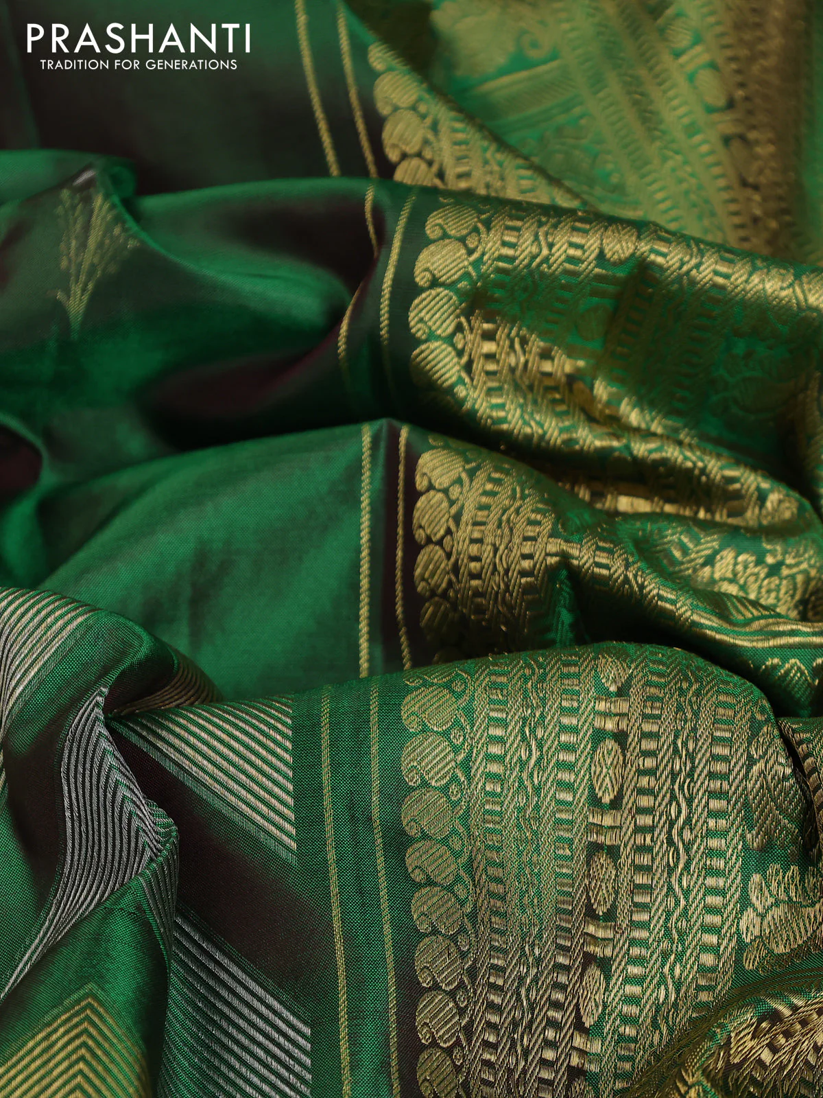 Pure kanchipuram silk saree dual shade of green with floral motifs and long rich zari wover korvai border - Image 9
