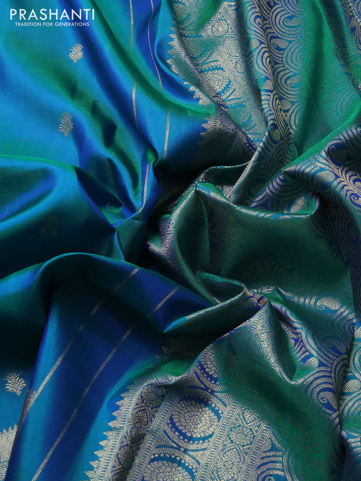 Pure kanchipuram silk saree dual shade of greenish blue with zari woven buttas and long zari woven border - Image 3